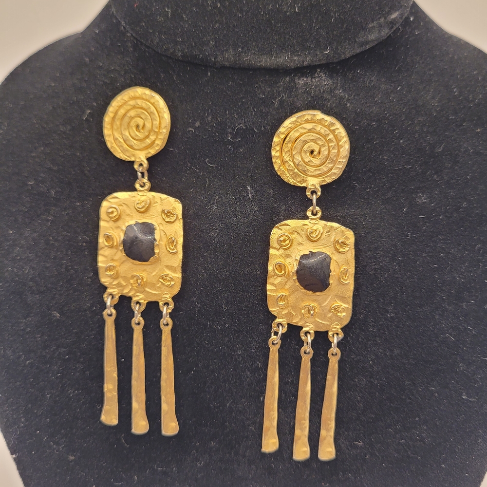 Modernist Ethnic Brushed Gold Tone Earrings